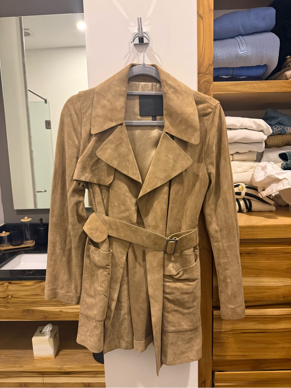Massimo Dutti Tan Suede Belted Trench Coat